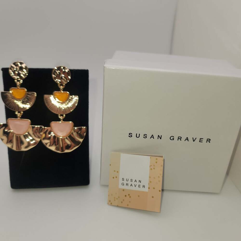 Susan Graver Hammered Gold-tone & Resin Geometric Statement Earrings NIB